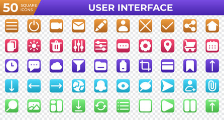 Set of 50 User Interface icons in square style. Menu, calendar, clock. Square icons collection. Vector illustration