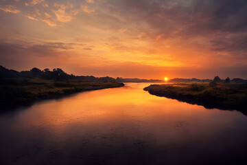 Obraz premium A beautiful and tranquil sunset over a river. 