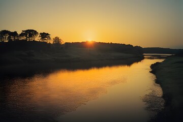 Obraz premium A beautiful and tranquil sunset over a river. 