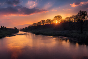 Obraz premium A beautiful and tranquil sunset over a river. 