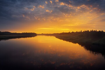 Obraz premium A beautiful and tranquil sunset over a river. 