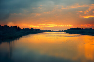 Fototapeta na wymiar A beautiful and tranquil sunset over a river. 