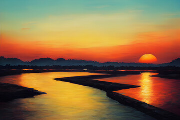 Obraz premium A beautiful and tranquil sunset over a river. 