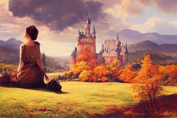 Woman relax at scenery fall landscape with castle - obrazy, fototapety, plakaty