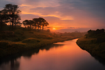 Obraz premium A beautiful and tranquil sunset over a river. 