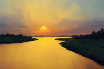 Obraz premium A beautiful and tranquil sunset over a river. 