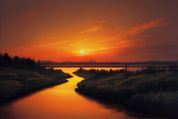 Obraz premium A beautiful and tranquil sunset over a river. 