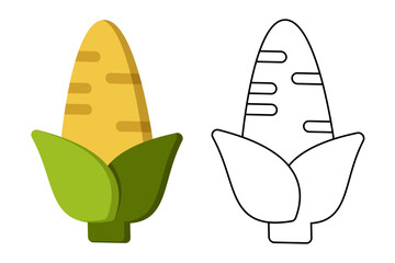 Corn coloring book. Juicy and sweet corn. Educational game for kids. Fruits and vegetables. Coloring book for kids. Educational game for preschool kids. Vector illustration
