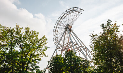 Construction of a large Ferris wheel at VDNKh in Moscow.