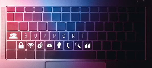 Top view of laptop keyboard with contact us or customer support hotline people connect. Feedback, business and finance concept.