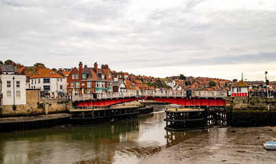 Fototapeta na wymiar The swing Bridge over the River Esk in the seaside town of Whitby, North Yorkshire