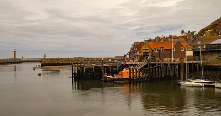 The RNLI lifeboat and lifeboat shed in Whitby harbour