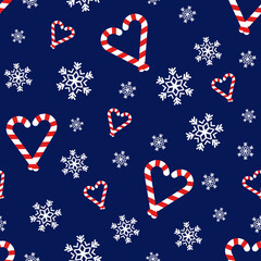 Romantic Christmas. Seamless vector illustration with snowflakes and heart-shaped candy canes. Winter backdrop - 538552176