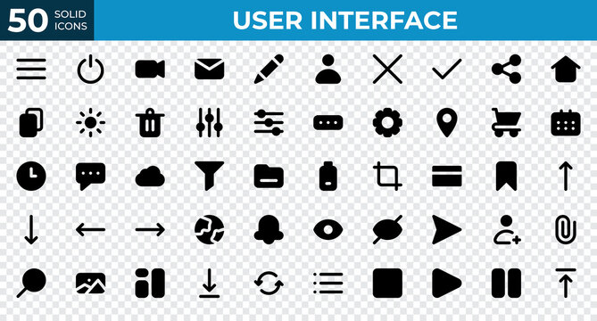Set of 50 User Interface icons in solid style. Menu, calendar, clock. Solid icons collection. Vector illustration