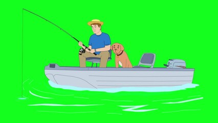 Man fishing on a boat with dog. 2d loop animation on green screen. - Powered by Adobe