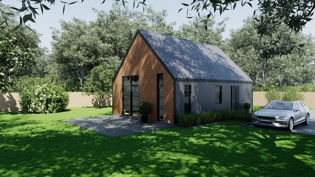 3d Rendering Of A Small Barn-style House. Modern House With Retractable Roof.