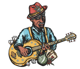 Blues music color graphics elements. Elderly Afro American bluesman playing slide guitar. Musical legend. Old school tattoo vector art. Hand drawn graphic. Isolated on white
