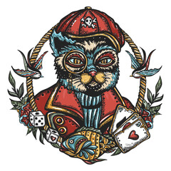 Funny sailor cat. Kitten pirate. Sea adventure animals. Old school tattoo vector art. Hand drawn graphic. Isolated on white. Traditional flash tattooing style