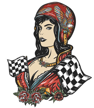Biker girl. Pin up moto sport woman. Lifestyle of racers. Old school tattoo vector art. Hand drawn graphic. Isolated on white. Traditional flash tattooing style