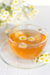 cup of herbal tea with chamomile flowers	