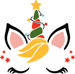 Christmas cute unicorn. Flat style design. Unicorn Clip Art. Christmas unicorn face PNG. © Marina