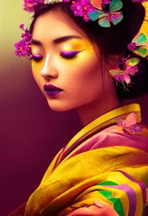 Abstraktes buntes Porträt einer hübschen Geisha mit schönem Make-up und Schmetterlingen. Modische süße Frau. Kreatives schönes Mädchen. © designprojects