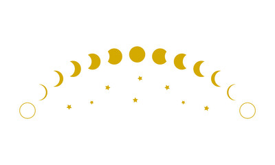 Yellow moon different phases or lunar phases curve and stars on white background flat vector icon design.