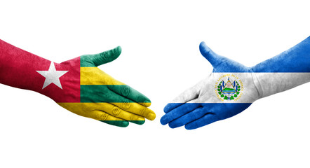 Handshake between El Salvador and Togo flags painted on hands, isolated transparent image.