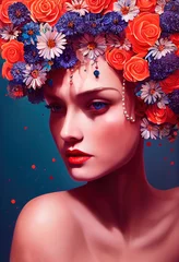 Abstraktes farbenfrohes Porträt eines schönen Mädchens mit Blumen. Modische süße Frau. Kreatives schönes Mädchen. © designprojects