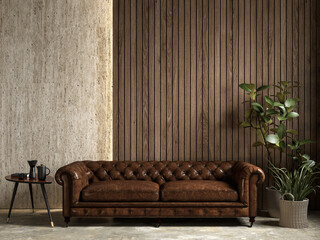 Interior with brown leather chester sofa, stone wood wall panel, backlight, plants and decor. 3d render illustration mockup. - obrazy, fototapety, plakaty