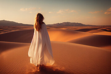 Fototapeta na wymiar A beautiful long-haired blonde looks at the desert, flowing white clothes. 3d illustration