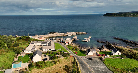 Fototapeta na wymiar Aerial Photo of Bunagee Pier Culdaff Sandy Beach Strand on the Donegal Coast Ireland