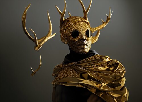 Man wearing a golden mask and antler covered in gems, 3d Illustration