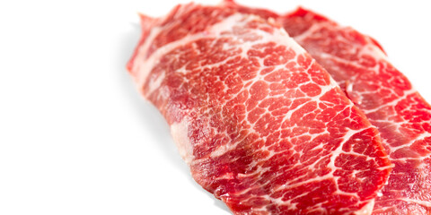 Marble beef steak. Raw meat isolated on white background. Prime fillet meat. Black Angus Steak Rib eye close up