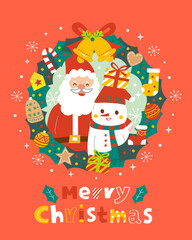 Merry Christmas; Santa Claus and snowman celebrate Xmas