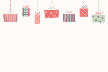 Empty card with hanging Christmas present boxes concept. Vector