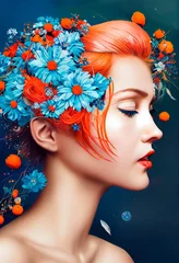 Abstraktes farbenfrohes Porträt eines schönen Mädchens mit Blumen. Modische süße Frau. Kreatives schönes Mädchen. © designprojects
