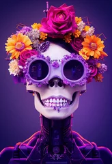 Porträt eines Zombie-Cyberskeletts aus der Hölle. Skelett mit Blumen. Halloween-Konzept. 3D-Rendering. © designprojects