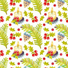 Christmas, festive seamless pattern with spruce twig, cone, holiday candle and mistletoe sprigs. Pattern for wrapping paper, festive textiles, scrapbooking.