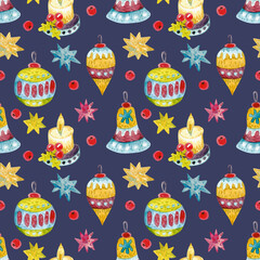Christmas, festive seamless pattern made in watercolor with Christmas balls, candles, stars and mistletoe sprigs. Pattern for wrapping paper, festive textiles, scrapbooking.