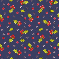 Cute Christmas seamless pattern with fir branch, winter hat and mittens. Festive watercolor pattern for the holiday