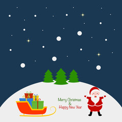 Fototapeta na wymiar santa claus with christmas tree and gifts. Christmas wishing card, postcard, web design or decorate.