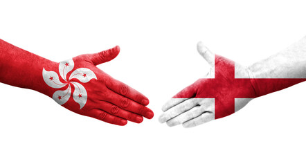 Handshake between England and Hong Kong flags painted on hands, isolated transparent image.