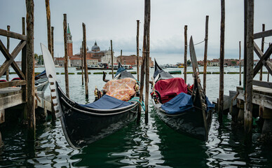 Fototapeta na wymiar 2 gondolas closeup in Venice
