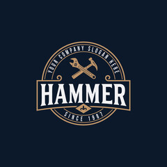 Hammar vector illustration with carpentry vintage logo template vector design. retro classic woodwork, lumberjack, workshop icon logo concept