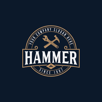 Hammar vector illustration with carpentry vintage logo template vector design. retro classic woodwork, lumberjack, workshop icon logo concept