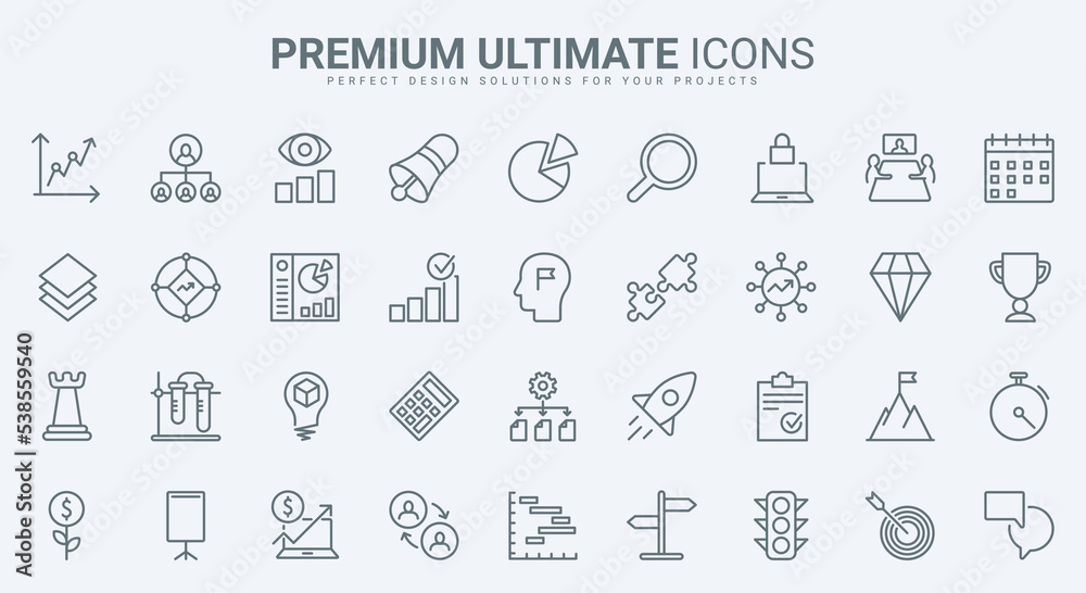 Aufkleber Project management, success solution and strategy of entrepreneur thin line icons set vector illustration. Outline startup rocket launch, opportunity and plan to achieve goal and business growth