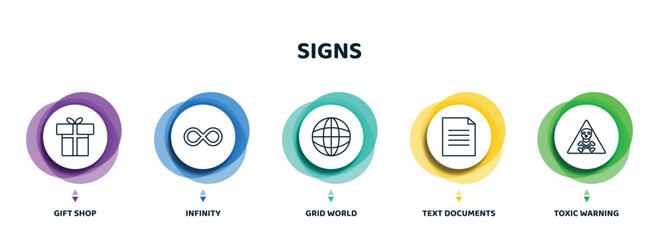 editable thin line icons with infographic template. infographic for signs concept. included gift shop, infinity, grid world, text documents, toxic warning icons.