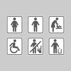 Wc, men women vector sign sticker set. Restroom and accessible toilet symbols.