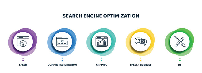 editable thin line icons with infographic template. infographic for search engine optimization concept. included speed, domain registration, graphic, speech bubbles, de icons.